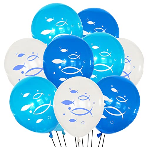 Oblique Unique® Fisch Luftballon Set - 10 Ballons mit Fischmotiv für Taufe Kommunion Konfirmation Junge Geburtstag Hochzeit Deko Weiß Blau von Oblique Unique