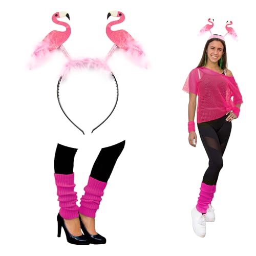 Oblique Unique® Flamingo Kostüm Accessoire Set für Damen - Flamingo Haarreifen + Beinstulpen in Pink für Fasching Karneval Motto Party von Oblique Unique