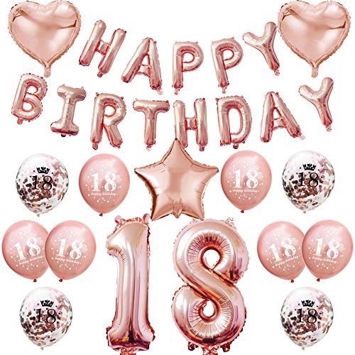 Oblique Unique® Geburtstag Party Feier Deko Set - Happy Birthday + Zahl Folien Luftballons + Herzen + Stern + Konfetti Ballon Set Roségold (Zahl 18) von Oblique Unique