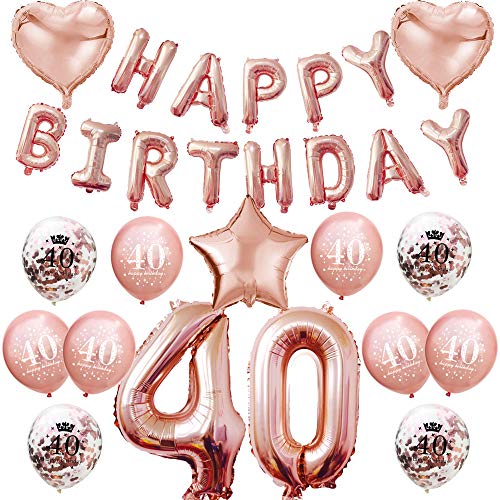 Oblique Unique® Geburtstag Party Feier Deko Set - Happy Birthday + Zahl Folien Luftballons + Herzen + Stern + Konfetti Ballon Set Roségold (Zahl 40) von Oblique Unique
