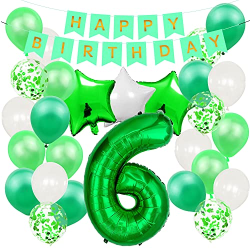 Oblique Unique® Geburtstag Party Feier Deko Set - Happy Birthday Girlande + Zahl Folien Luftballon + Sterne + Konfetti Ballons Set Grün Weiß (Zahl 6) von Oblique Unique
