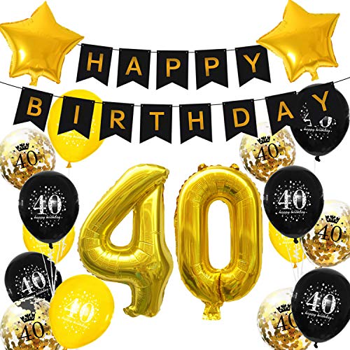 Oblique Unique® Geburtstag Party Feier Deko Set - Happy Birthday Girlande + Zahlen Folien Luftballons + Sterne + Konfetti Ballon Set Schwarz Gold (Nr. 40) von Oblique Unique