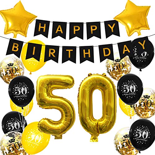 Oblique Unique® Geburtstag Party Feier Deko Set - Happy Birthday Girlande + Zahlen Folien Luftballons + Sterne + Konfetti Ballon Set Schwarz Gold (Nr. 50) von Oblique Unique