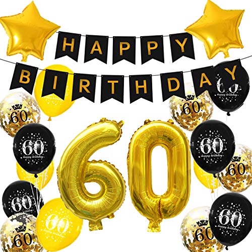 Oblique Unique® Geburtstag Party Feier Deko Set - Happy Birthday Girlande + Zahlen Folien Luftballons + Sterne + Konfetti Ballon Set Schwarz Gold (Nr. 60) von Oblique Unique