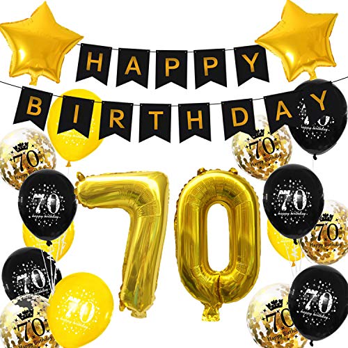 Oblique Unique® Geburtstag Party Feier Deko Set - Happy Birthday Girlande + Zahlen Folien Luftballons + Sterne + Konfetti Ballon Set Schwarz Gold (Nr. 70) von Oblique Unique