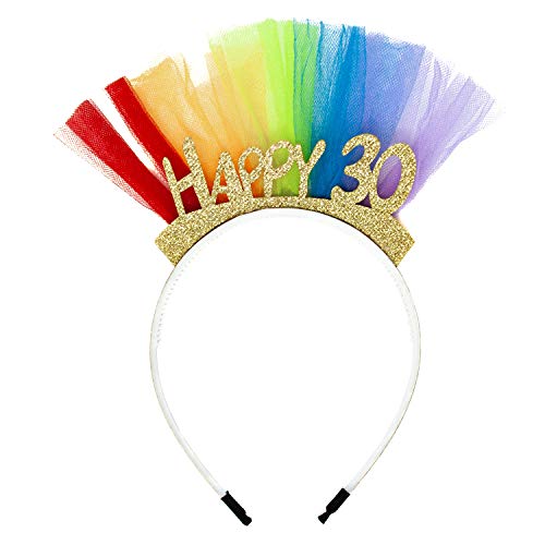 Oblique Unique® Haarreifen Happy 30 Gold mit Glitzereffekt und Tüll Regenbogenfarben Haarreif für 30. Geburtstag Jubiläum Haarschmuck Damen Frauen von Oblique Unique