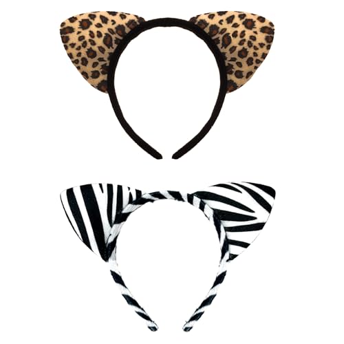 Oblique Unique® Haarreifen Set Leoparden Ohren mit Leo Muster und Zebra Ohren Haarreif für Fasching Karneval Halloween Motto Party Kostüm Accessoires von Oblique Unique
