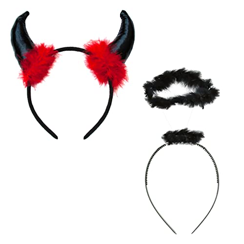 Oblique Unique® Haarreifen Set Teufel Hörner & Engel Heiligenschein Schwarz Haarreif für Halloween Fasching Karneval Motto Party Kostüm Accessoires Teufelshörner von Oblique Unique