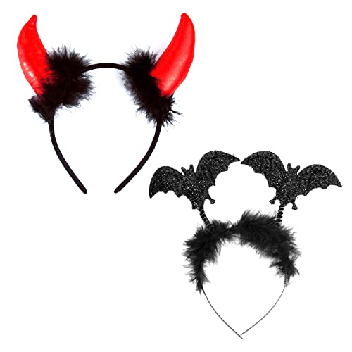 Oblique Unique® Haarreifen Set Teufel Hörner & Fledermaus Haarreif für Halloween Fasching Karneval Motto Party Kostüm Accessoires Teufelshörner von Oblique Unique
