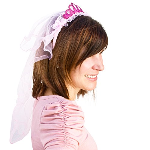 Oblique Unique® Haarreifen mit Brautschleier und Glitzer Krone Junggesellinnenabschied JGA Hen Party Hochzeit Schleier Pink Rosa von Oblique Unique