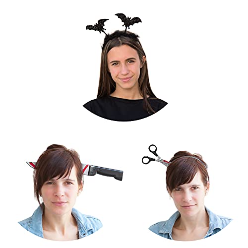 Oblique Unique® Halloween Kostüm Accessoire Set - Fledermaus Haarreif + Schere im Kopf Haarreif + Messer im Kopf Haarreif für Halloween Motto Party Haarreifen von Oblique Unique