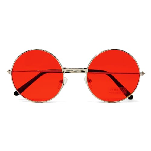 Oblique Unique® Hippie Brille Retro Sonnenbrille Rund für 60er 70er Jahre Party Flower Power Kostüm Accessoire Fasching Karneval Herren Damen (Rot) von Oblique Unique