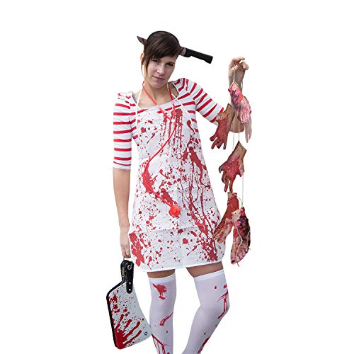 Oblique Unique® Horror Kostüm Accessoire Set für Damen - Messer im Kopf Haarreif + Metzger Schürze + Overknee Strümpfe + Blutige Füße & Hände Girlande Halloween Fasching Karneval von Oblique Unique