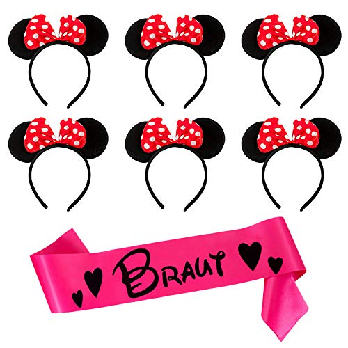 Oblique Unique® JGA Hochzeit Hen Party Accessoire Set - Braut Schärpe + 6 Haarreifen mit Maus Ohren und Schleife für Junggesellinnenabschied Schwarz Rot Weiß Pink von Oblique Unique