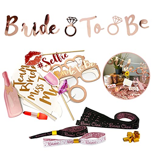 Oblique Unique® JGA Hochzeit Party Accessoire Set - Bride to Be Girlande + 1x Braut und 9x Braut Crew Armbänder + 10 Fotorequisiten - Roségold von Oblique Unique
