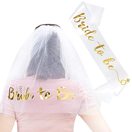 Oblique Unique® JGA Hochzeit Party Accessoire Set - Bride to Be Schärpe + Haarkamm mit Braut Schleier - Weiß Gold von Oblique Unique