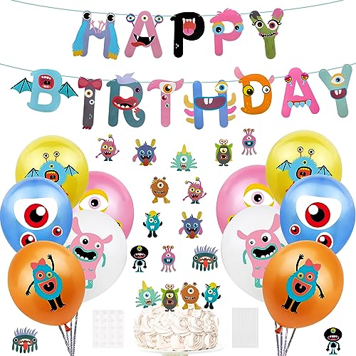 Oblique Unique® Monster Party Deko Set Kindergeburtstag – Luftballons, Girlande, Torten Topper – Geburtstagsdeko Kinder, Monsterparty Junge Mädchen, Mottoparty, Partyzubehör & Monsterdeko Set von Oblique Unique