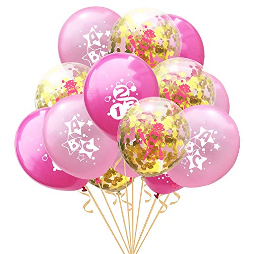 Oblique Unique® Konfetti Luftballon Set ABC 123 Zuckertüte für Schuleinführung Schulanfang Einschulung Schule Mädchen Deko Ballons im Rosa Gold von Oblique Unique