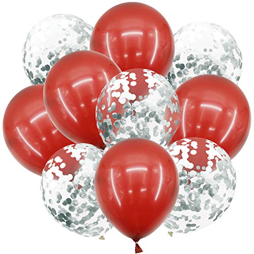 Oblique Unique® Konfetti Luftballon Set für Geburtstag Feier Jubiläum Hochzeit JGA Party Einschulung Deko Ballons Rot Silber von Oblique Unique