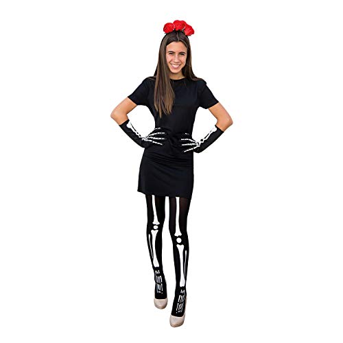 Oblique Unique® Kostüm Accessoire Set für La Catrina Tag der Toten Kostüm mit Rosen Haarreifen + Skelett Strumpfhose + Skelett Handschuhe für Halloween Fasching Karneval Motto Themen Party von Oblique Unique