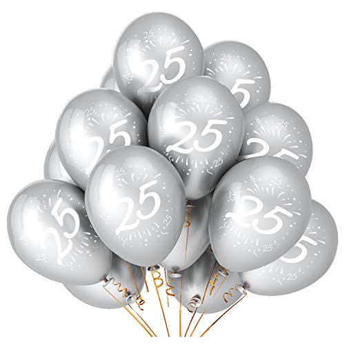 Oblique Unique® Luftballon Set Zahl 25 für Geburtstag Silberhochzeit silberne Hochzeit Feier Jubiläum Party 10 Deko Ballons Silber Weiß von Oblique Unique