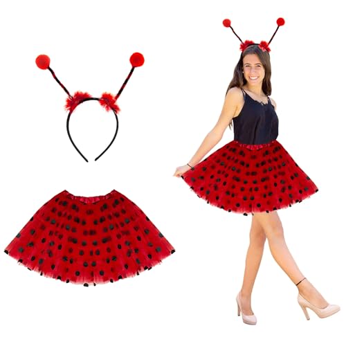 Oblique Unique® Marienkäfer Kostüm Accessoire Set für Damen - Marienkäfer Haarreifen + Tutu Tütü Rot Schwarz gepunktet für Fasching Karneval Motto Party von Oblique Unique