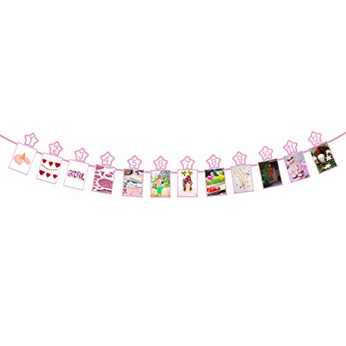 Oblique Unique® Monatsgirlande 12 Monate mit Sternen für Babyshower Babyparty Jungen und Mädchen Geburtstag Hängedeko Dekoration (Rosa) von Oblique Unique