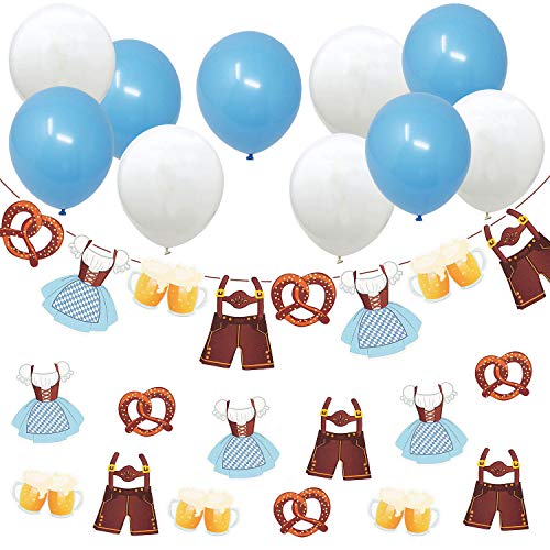 Oblique Unique® Oktoberfest Deko Set - Girlande mit Dirndl Lederhose Bier Brezel + 10x Luftballons in Blau Weiß + 12x XXL Konfetti von Oblique Unique