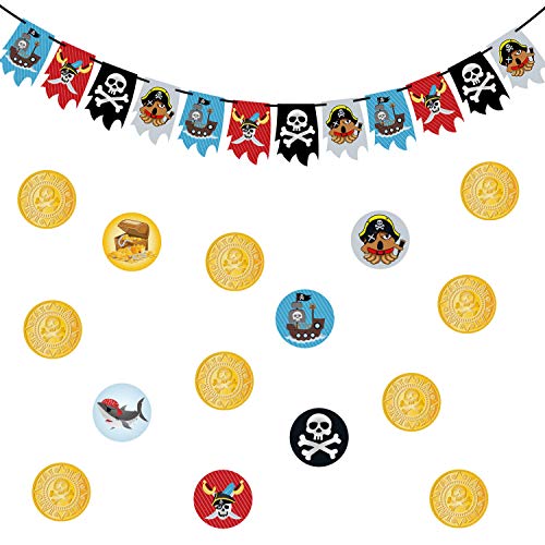 Oblique Unique® Piraten Party Kindergeburtstag Deko Set für Jungs - Piraten Girlande + Gold Münzen Konfetti - Hängedeko und Tischdeko Streudeko von Oblique Unique