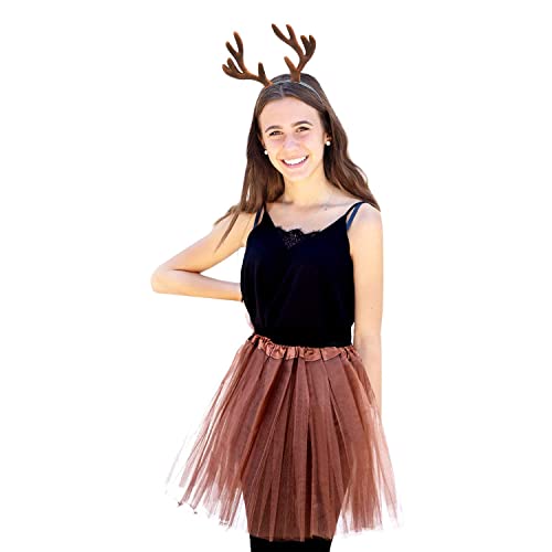 Oblique Unique® Rentier Elch Kostüm Accessoire Set für Damen - Flauschiger Rentier Haarreifen + Tutu/Tütü in Braun für Fasching Karneval Motto Party von Oblique Unique