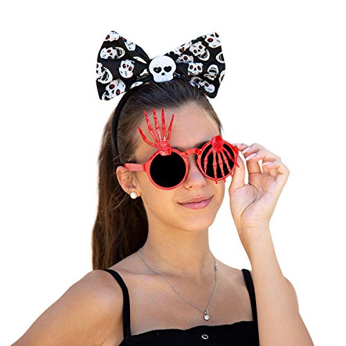 Oblique Unique® Schleife Haarreifen mit Totenkopf Motiven Kostüm Accessoire Haarreif für Halloween Karneval Fasching Motto Party Schwarz Weiß Rot von Oblique Unique