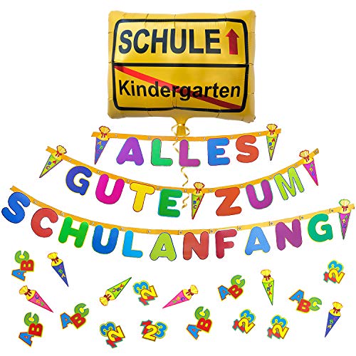 Oblique Unique® Schuleinführung Schulanfang Einschulung Deko Set - Alles Gute zum Schulanfang Girlande + Kindergarten/Schule Luftballon + Konfetti von Oblique Unique