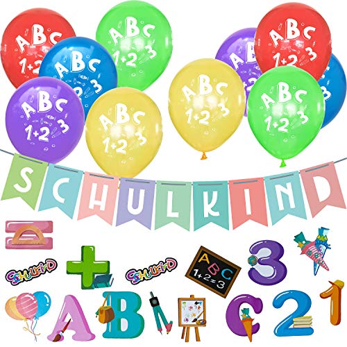 Oblique Unique® Schuleinführung Schulanfang Einschulung Deko Set - Schulkind Girlande + ABC 1+2=3 Luftballons + ABC 123 Zuckertüten Konfetti Set von Oblique Unique