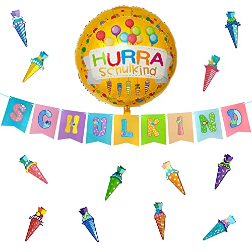Oblique Unique® Schuleinführung Schulanfang Einschulung Deko Set - Schulkind Girlande + Hurra Schulkind Folien Luftballon + Zuckertüten Konfetti von Oblique Unique
