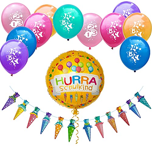 Oblique Unique® Schuleinführung Schulanfang Einschulung Deko Set - Zuckertüten Girlande + Hurra Schulkind Folien Luftballon + ABC 123 Ballons Farbmix von Oblique Unique