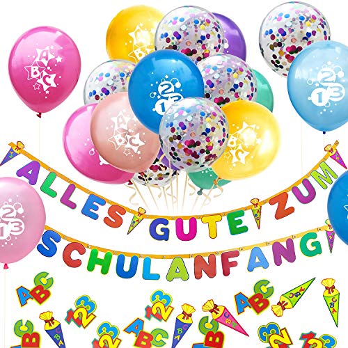 Oblique Unique® Schuleinführung Schulanfang Einschulung Deko Set für Junge und Mädchen - Alles Gute zum Schulanfang Girlande + Konfetti Luftballons + ABC 123 Konfetti von Oblique Unique