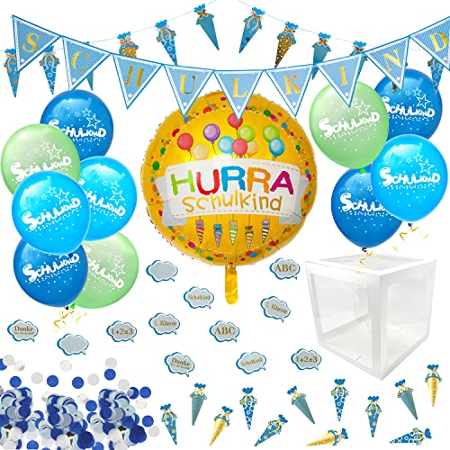 Oblique Unique® Schuleinführung Schulanfang Einschulung Deko Set für Jungen und Mädchen - Ballonbox + Girlanden + Ballons + Konfetti + Folienballon (Blau) von Oblique Unique