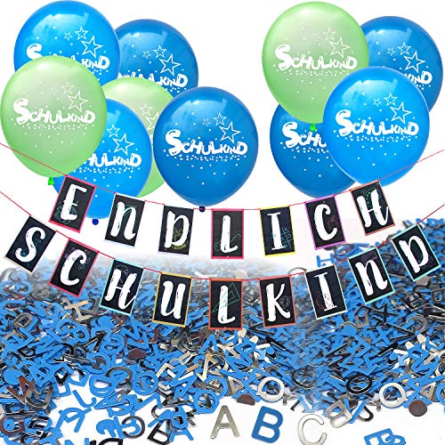 Oblique Unique® Schuleinführung Schulanfang Einschulung Deko Set für Jungs - Endlich Schulkind Girlande + Luftballon Set + Buchstaben Konfetti Set von Oblique Unique