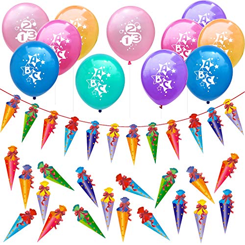 Oblique Unique® Schuleinführung Schulanfang Einschulung Deko Set für Jungs und Mädchen - 10 Luftballons + Zuckertüten Girlande + Zuckertüte Konfetti Set von Oblique Unique
