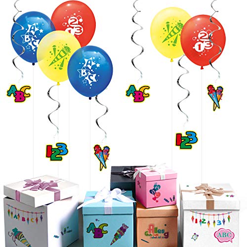 Oblique Unique® Schuleinführung Schulanfang Einschulung Deko Set für Jungs und Mädchen - 6 Luftballons mit ABC 123 Zuckertüte + 6 Deckenhänger Wirbel Spiral Girlanden + Schul Sticker Set von Oblique Unique