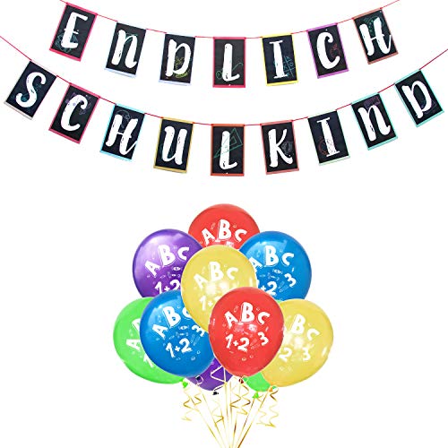 Oblique Unique® Schuleinführung Schulanfang Einschulung Deko Set für Jungs und Mädchen - Endlich Schulkind Girlande + ABC 1+2=3 Luftballons im Farbmix von Oblique Unique