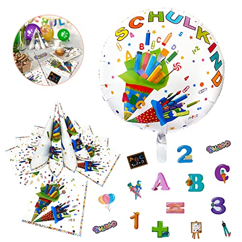 Oblique Unique® Schuleinführung Schulanfang Einschulung Deko Set für Jungs und Mädchen - Folienballon “Schulkind” + 20 Servietten + Konfetti von Oblique Unique