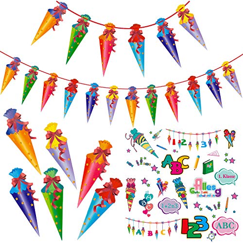 Oblique Unique® Schuleinführung Schulanfang Einschulung Deko Set für Jungs und Mädchen - Girlande mit 12 Zuckertüten + 18x Zuckertüten Konfetti + Schul Sticker Set von Oblique Unique