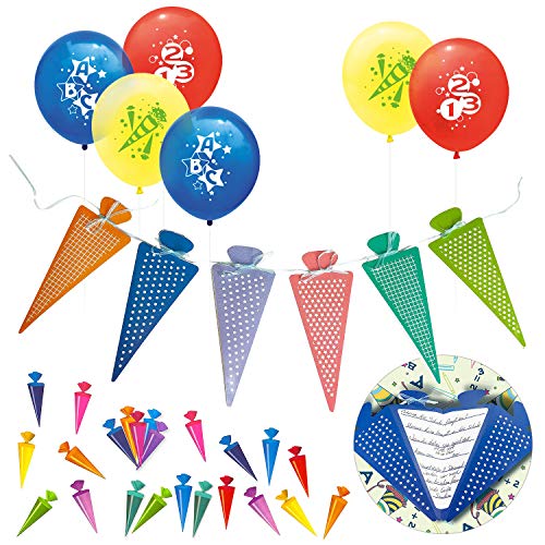 Oblique Unique® Schuleinführung Schulanfang Einschulung Deko Set für Jungs und Mädchen - Luftballons + Zuckertüte Einladungskarten/Girlande + Zuckertüte Konfetti Set von Oblique Unique