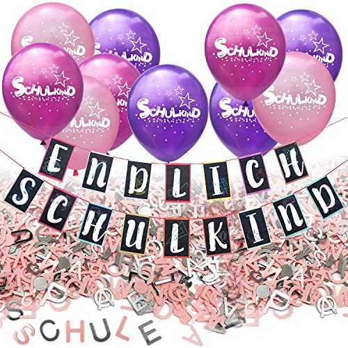 Oblique Unique® Schuleinführung Schulanfang Einschulung Deko Set für Mädchen - Endlich Schulkind Girlande + Luftballon Set + Buchstaben Konfetti Set von Oblique Unique