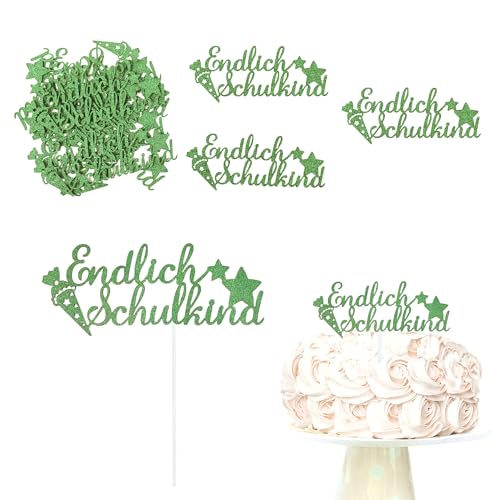 Oblique Unique® Torten Topper + Konfetti Set Endlich Schulkind Dekoration für Schuleinführung Einschulung Schulanfang von Jungs Mädchen Topper Kuchendeckel Tischdeko (Grün) von Oblique Unique