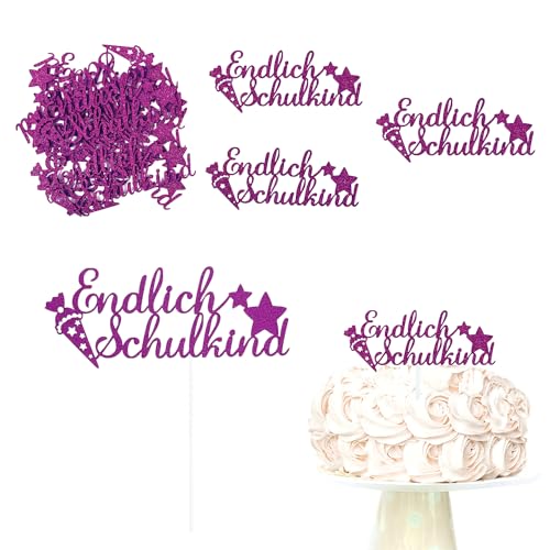 Oblique Unique® Torten Topper + Konfetti Set Endlich Schulkind Dekoration für Schuleinführung Einschulung Schulanfang von Jungs Mädchen Topper Kuchendeckel Tischdeko (Pink) von Oblique Unique