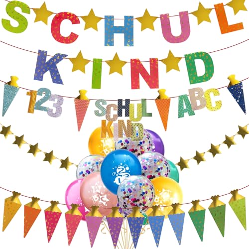 Oblique Unique Einschulung Deko Set - Schulkind & Zuckertüten Girlanden - Sterne Banner - ABC 123 Luftballons für Schuleinführung Schulanfang Dekoration von Jungen und Mädchen von Oblique Unique
