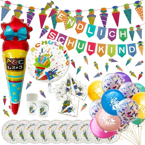 Oblique Unique Einschulung Deko Set XXL für Jungen und Mädchen zur Schuleinführung mit Folienballons Girlanden Servietten Becher Teller Luftballons und Konfetti von Oblique Unique