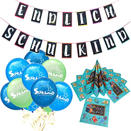 Oblique Unique Einschulung Deko Set für Jungen – Endlich Schulkind Girlande (3,2 m) + 10 Schulkind Luftballons + 20 Servietten – Schuleinführung Schulanfang iund Einschulungsdeko von Oblique Unique